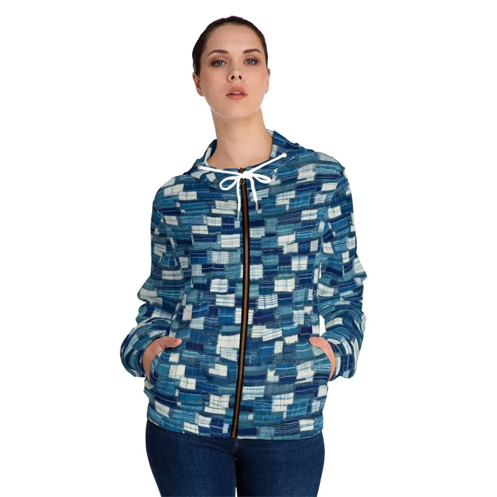 Indigo Patchwork on Women's Full-Zip Hoodie — Front On Person