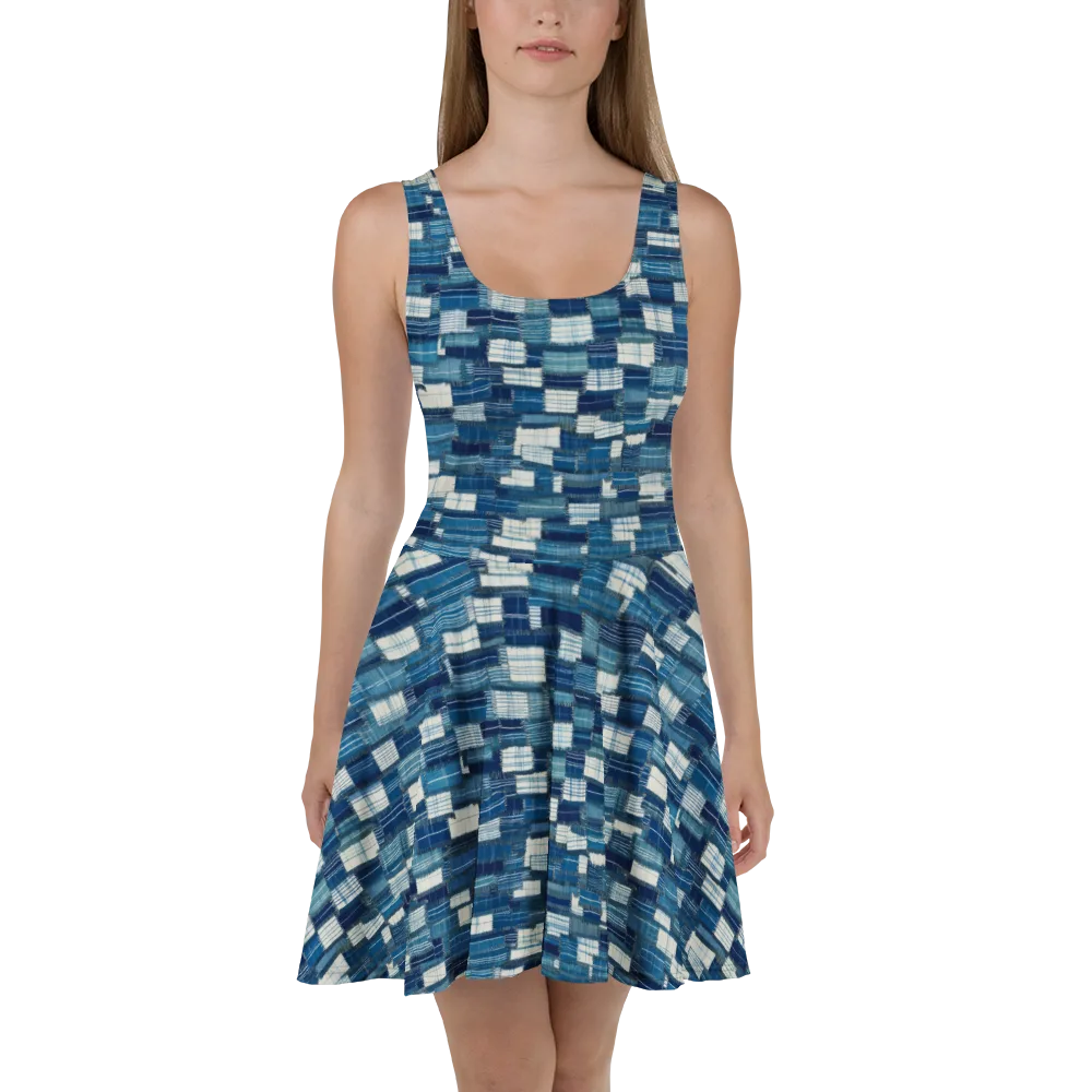 Indigo Patchwork on Skater Dress — Front