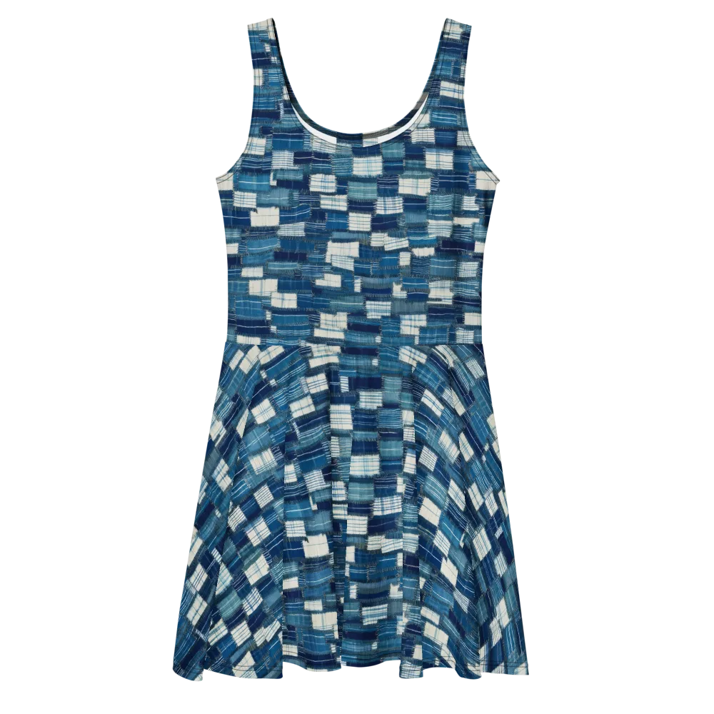 Indigo Patchwork on Skater Dress — Front