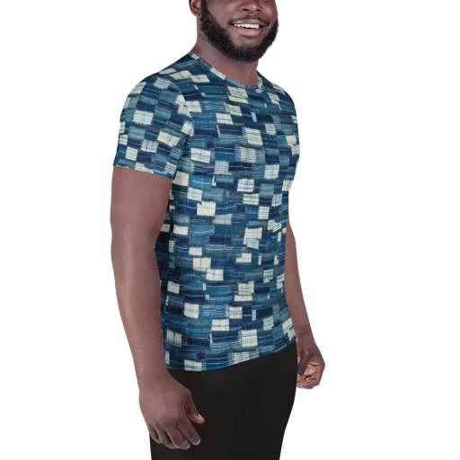Indigo Patchwork on a Men's Athletic T-Shirt
