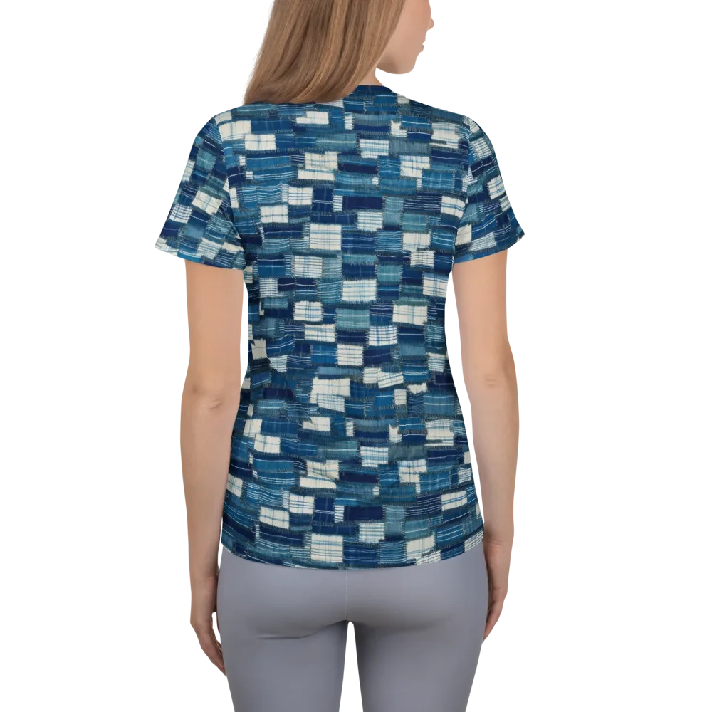 Indigo Patchwork on Women's Athletic T-Shirt — Back