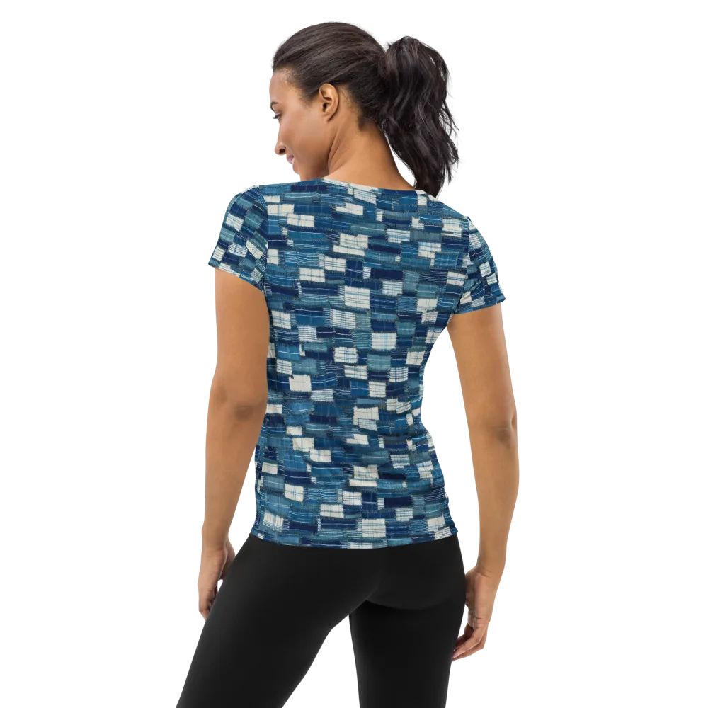 Indigo Patchwork on Women's Athletic T-Shirt — Back