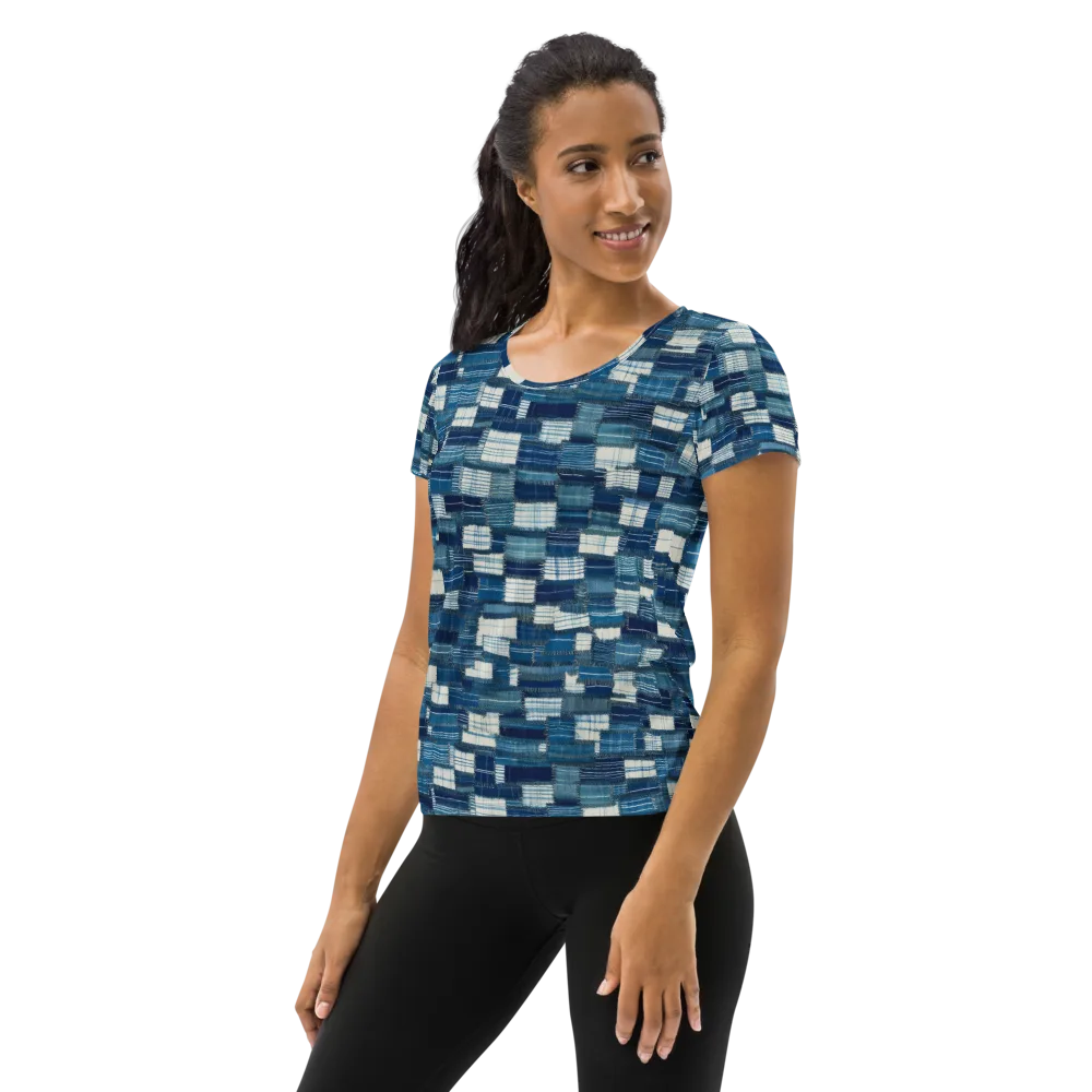 Indigo Patchwork on Women's Athletic T-Shirt — Left