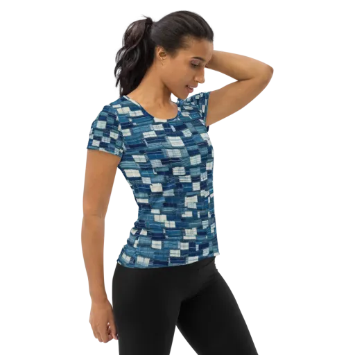 Indigo Patchwork on a Women's Athletic T-Shirt