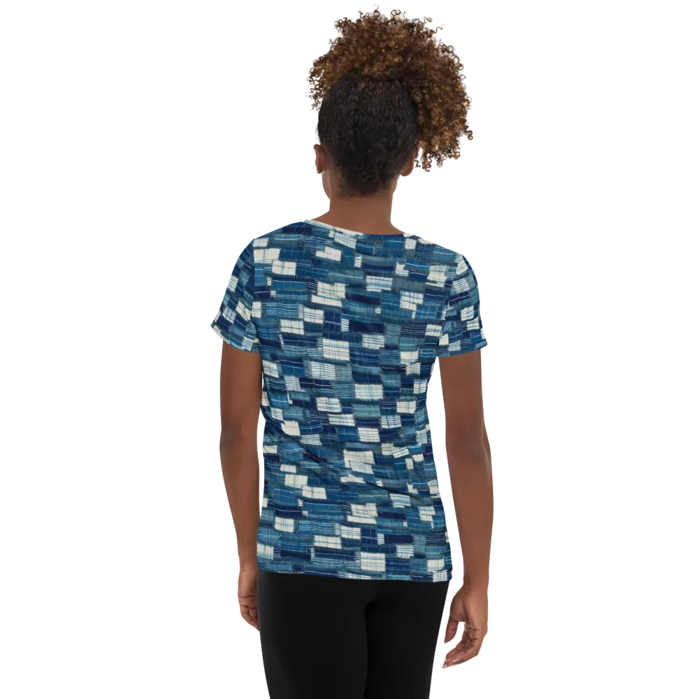 Indigo Patchwork on Women's Athletic T-Shirt — Back