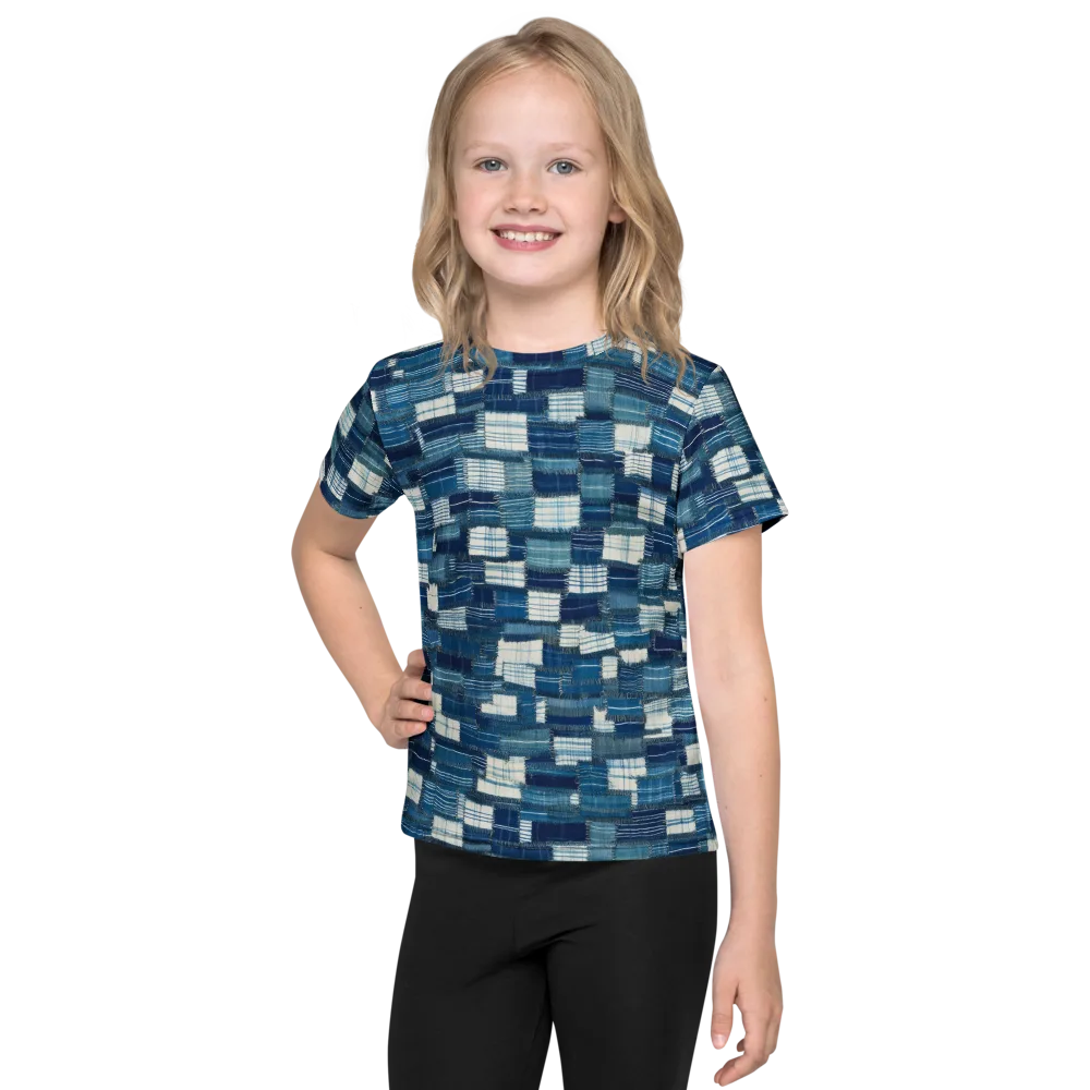 Indigo Patchwork on Kids Crew Neck T-Shirt — Front