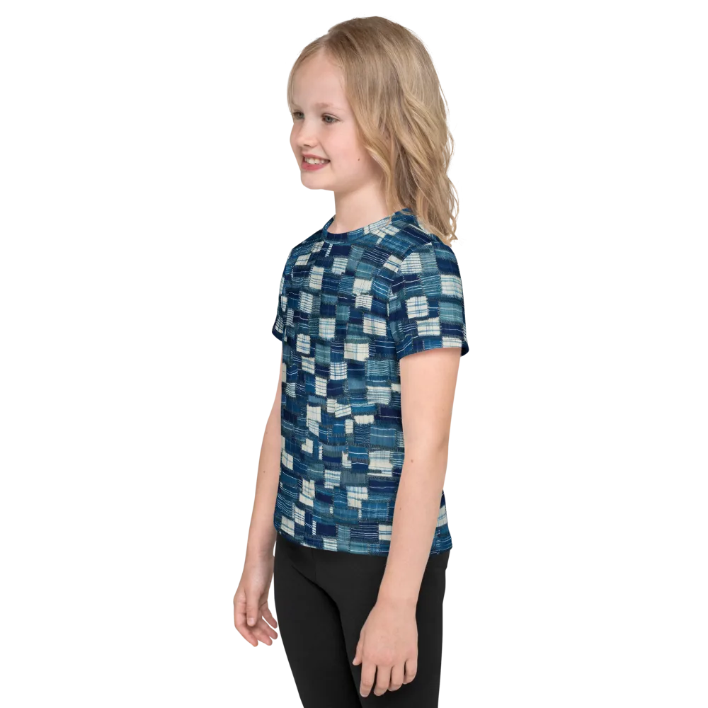 Indigo Patchwork on Kids Crew Neck T-Shirt — Left