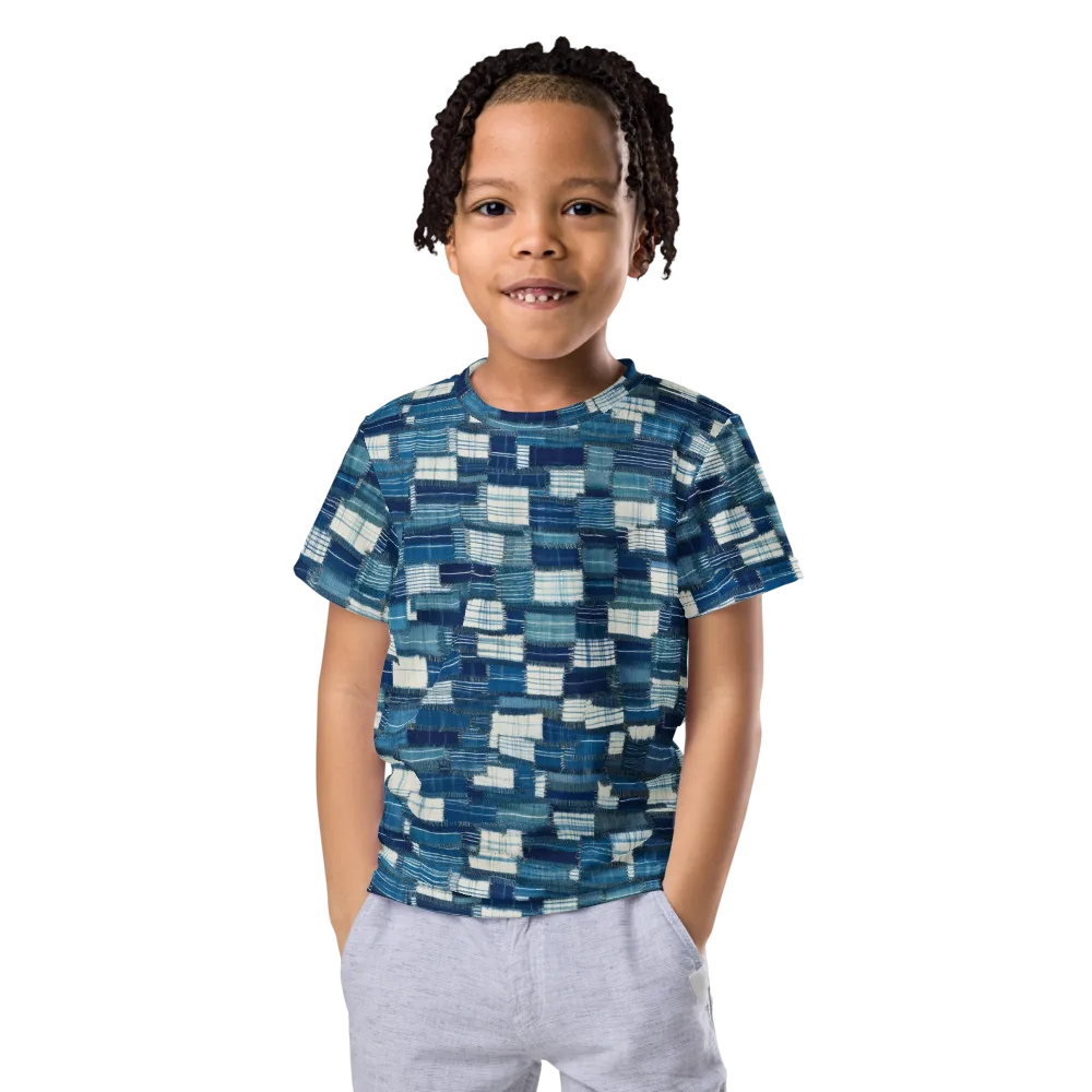 Indigo Patchwork on Kids Crew Neck T-Shirt — Front