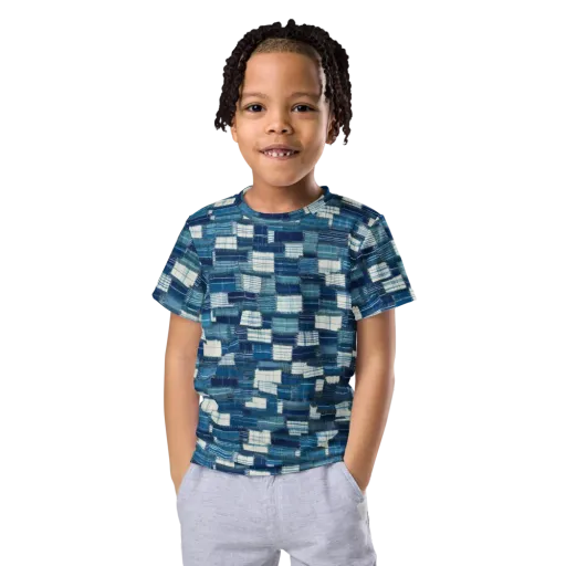 Indigo Patchwork on a Kids Crew Neck T-Shirt
