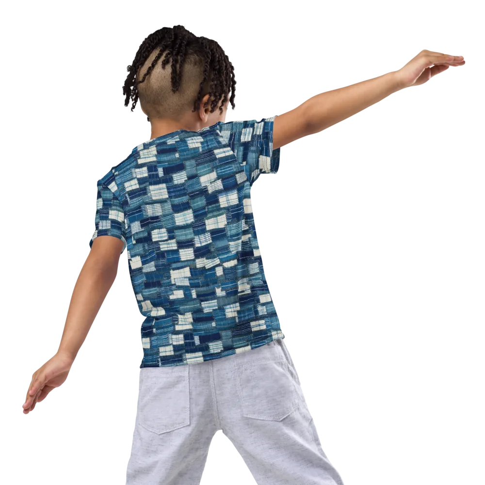 Indigo Patchwork on Kids Crew Neck T-Shirt — Back