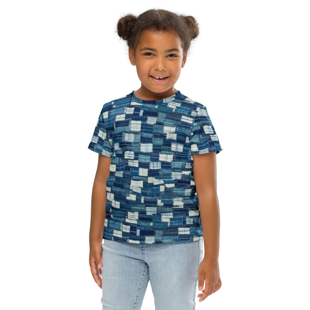 Indigo Patchwork on Kids Crew Neck T-Shirt — Front