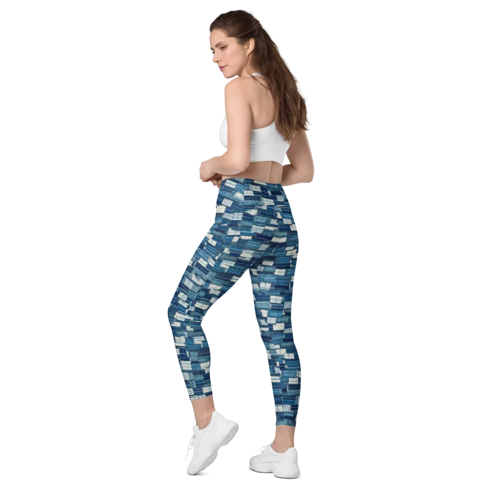 Indigo Patchwork on Leggings with Pockets — Left Back