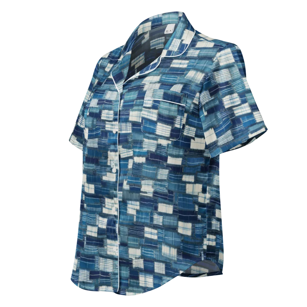 Indigo Patchwork on Women's Short Sleeve Pajama Top — Left Front
