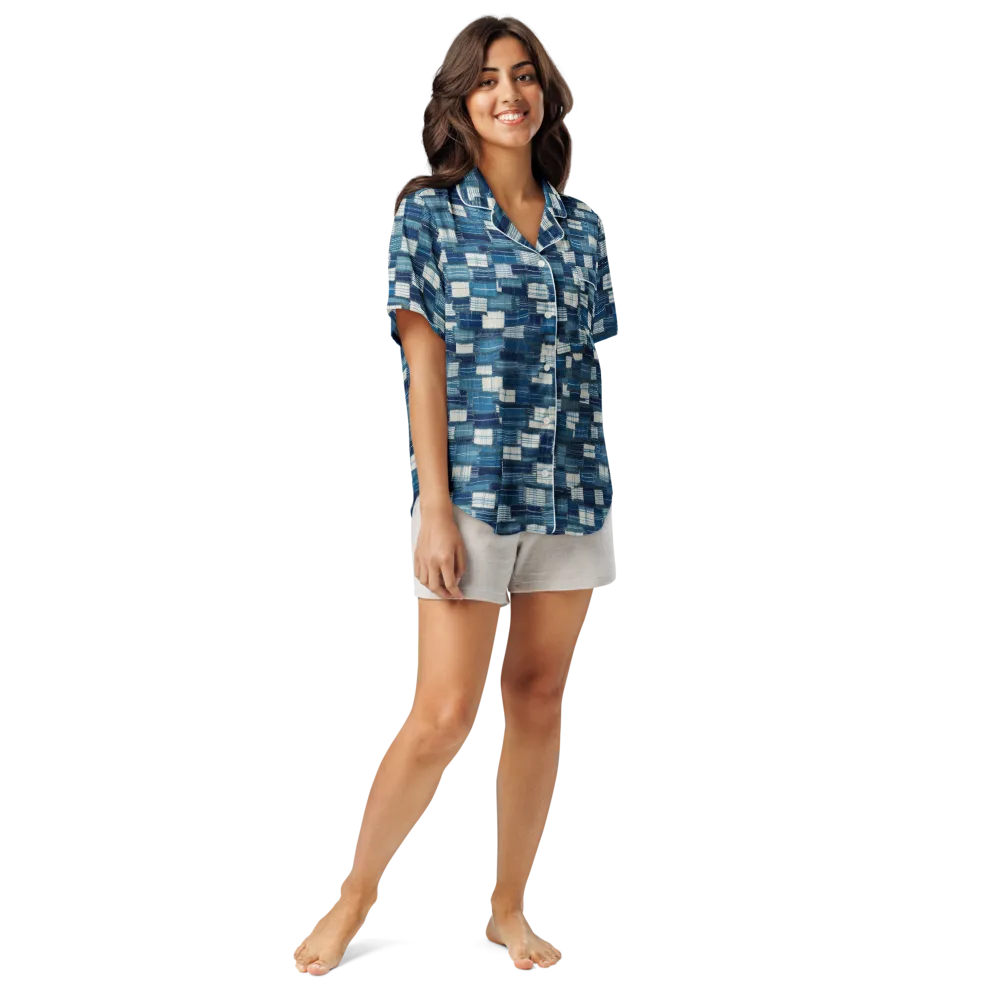 Indigo Patchwork on Women's Short Sleeve Pajama Top — Front