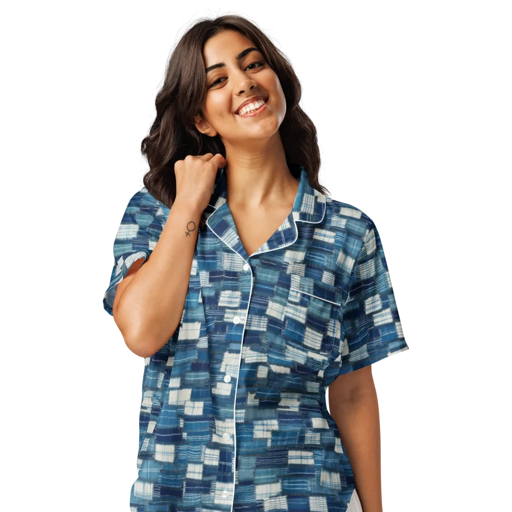 Indigo Patchwork on Women's Short Sleeve Pajama Top — Front