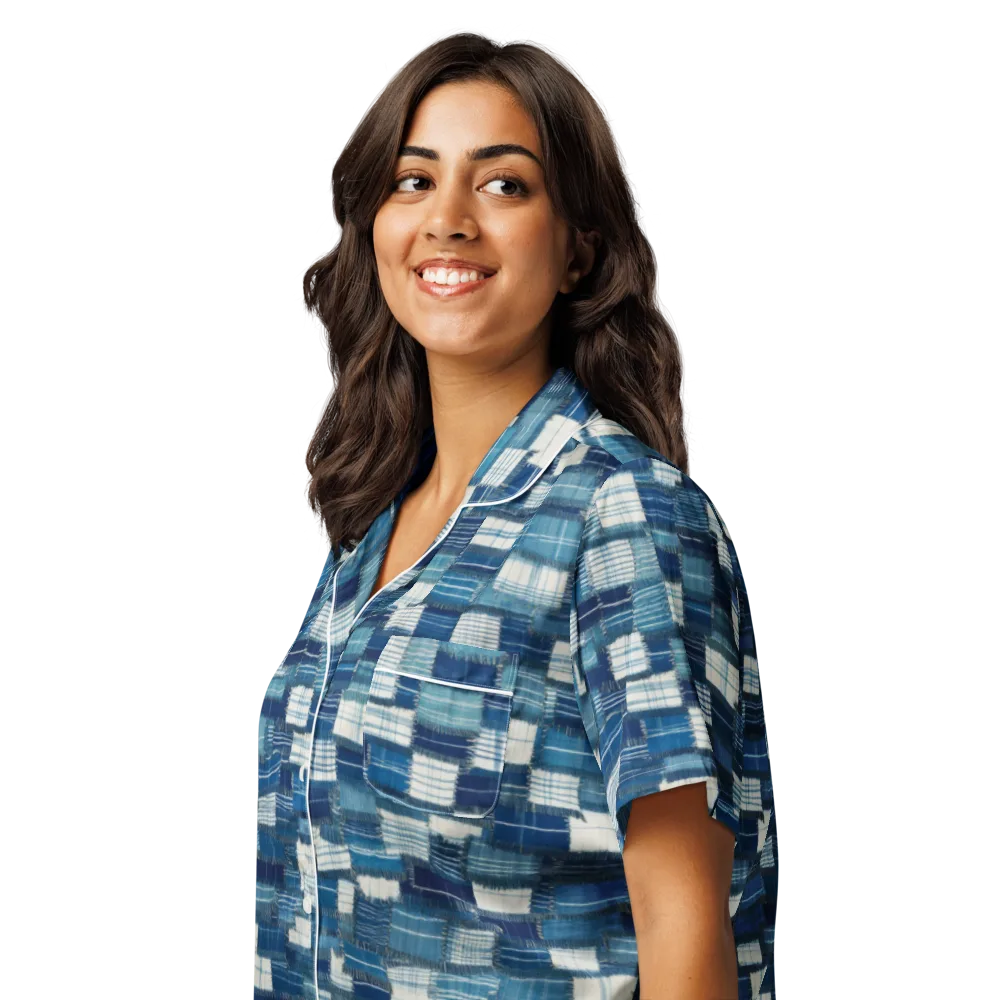 Indigo Patchwork on Women's Short Sleeve Pajama Top — Left Front