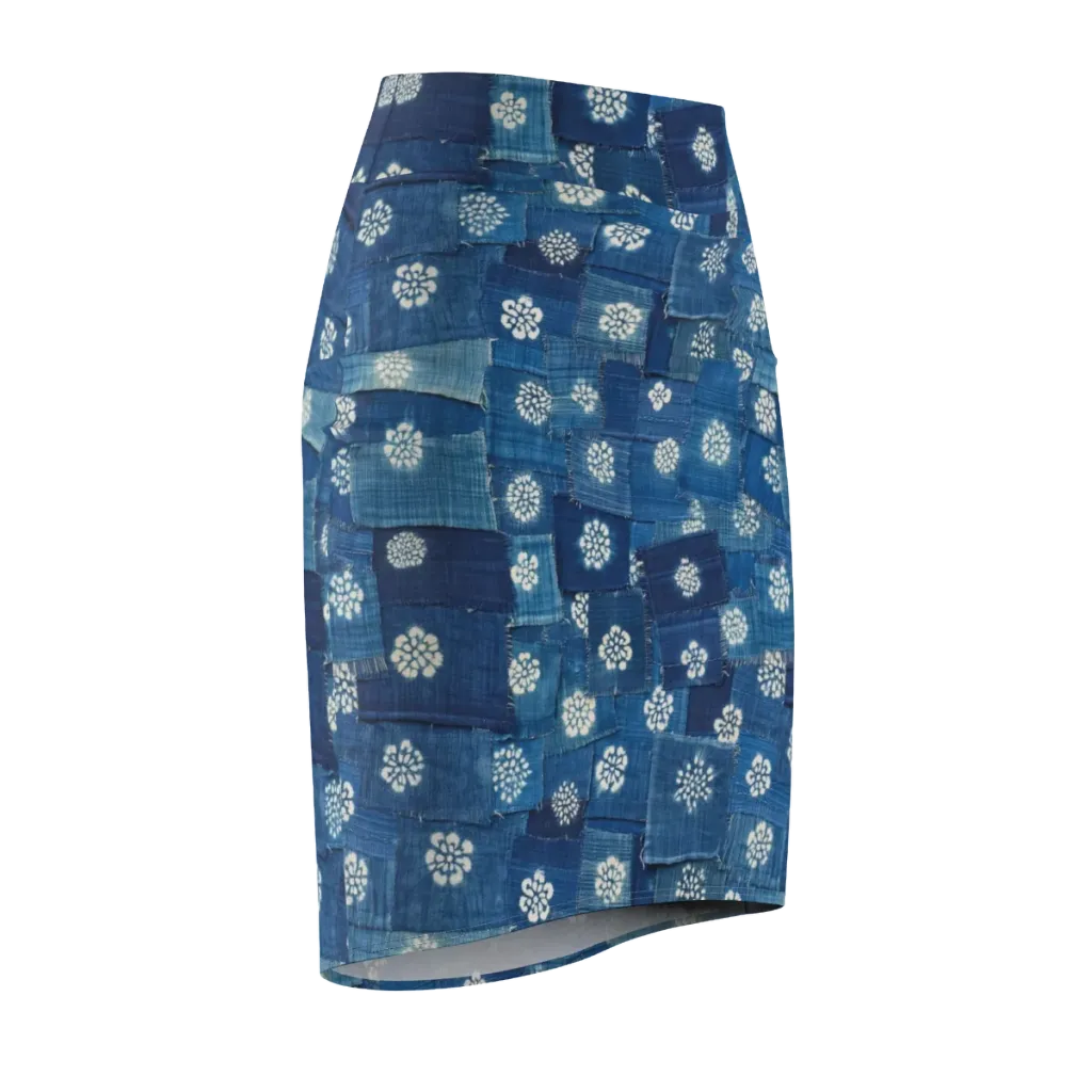 Sapphire Bloom on Pencil Skirt — Front Side