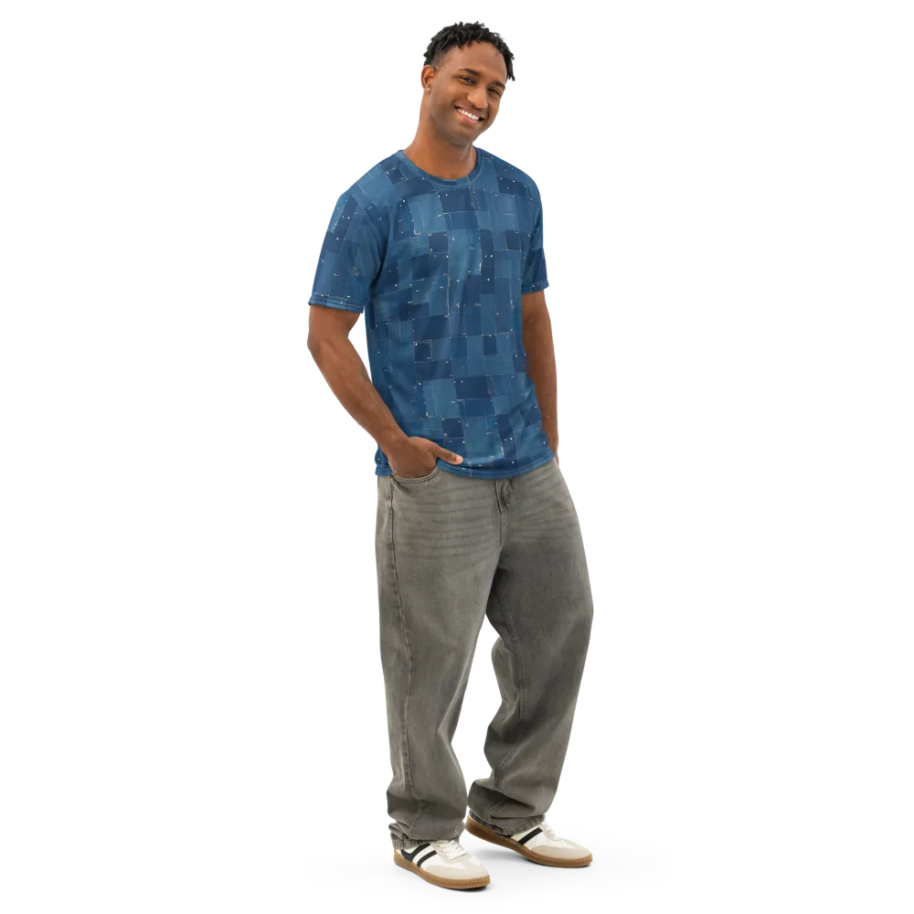 Denim Mosaic on Men's Cotton Crew Neck T-Shirt — Right Front
