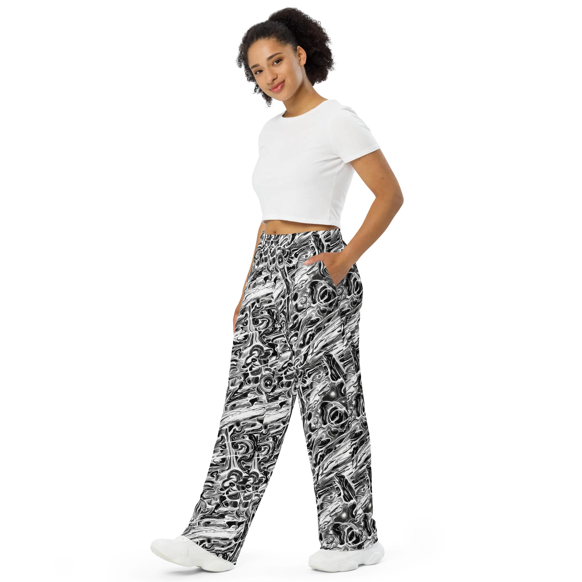 Inkstorm Marble on Wide-Leg Pants — Left Front