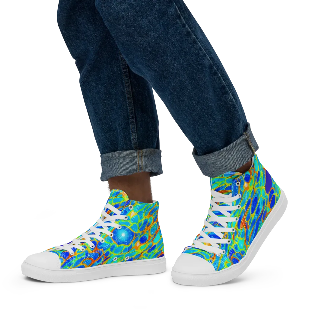 Blue Fireflow on Men's High Top Canvas Shoes — Left