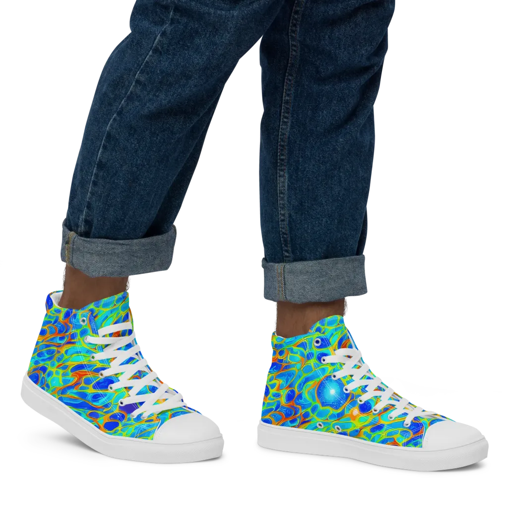 Blue Fireflow on Men's High Top Canvas Shoes — Right