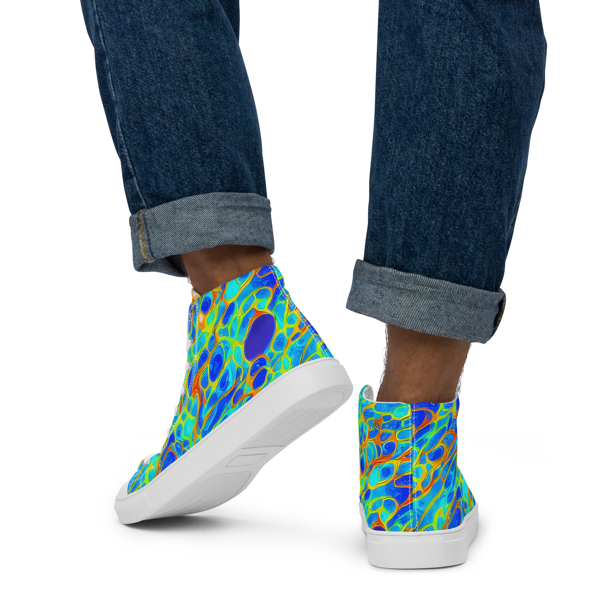 Blue Fireflow on Men's High Top Canvas Shoes — Back