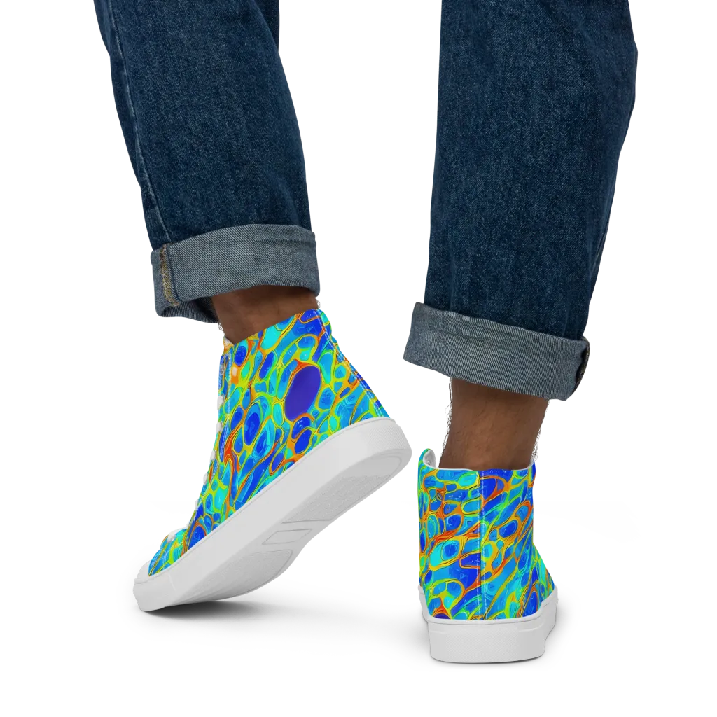 Blue Fireflow on Men's High Top Canvas Shoes — Back