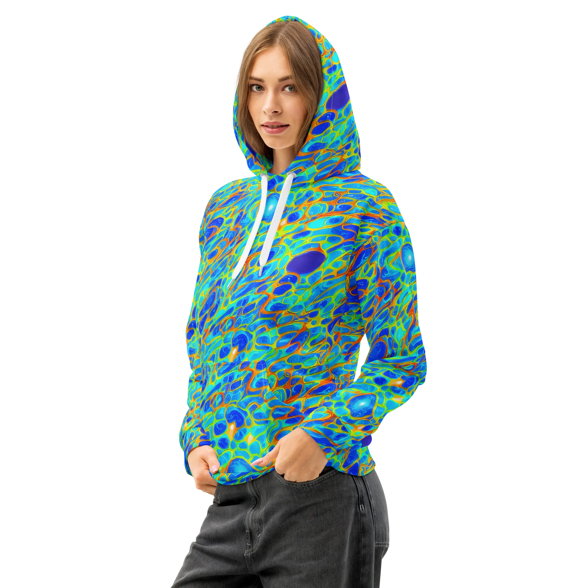 Blue Fireflow on Cotton Hoodie — Left Front