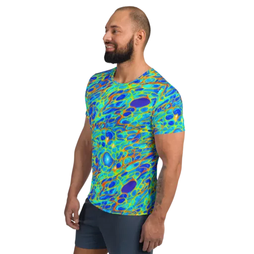 Blue Fireflow on a Men's Athletic T-Shirt