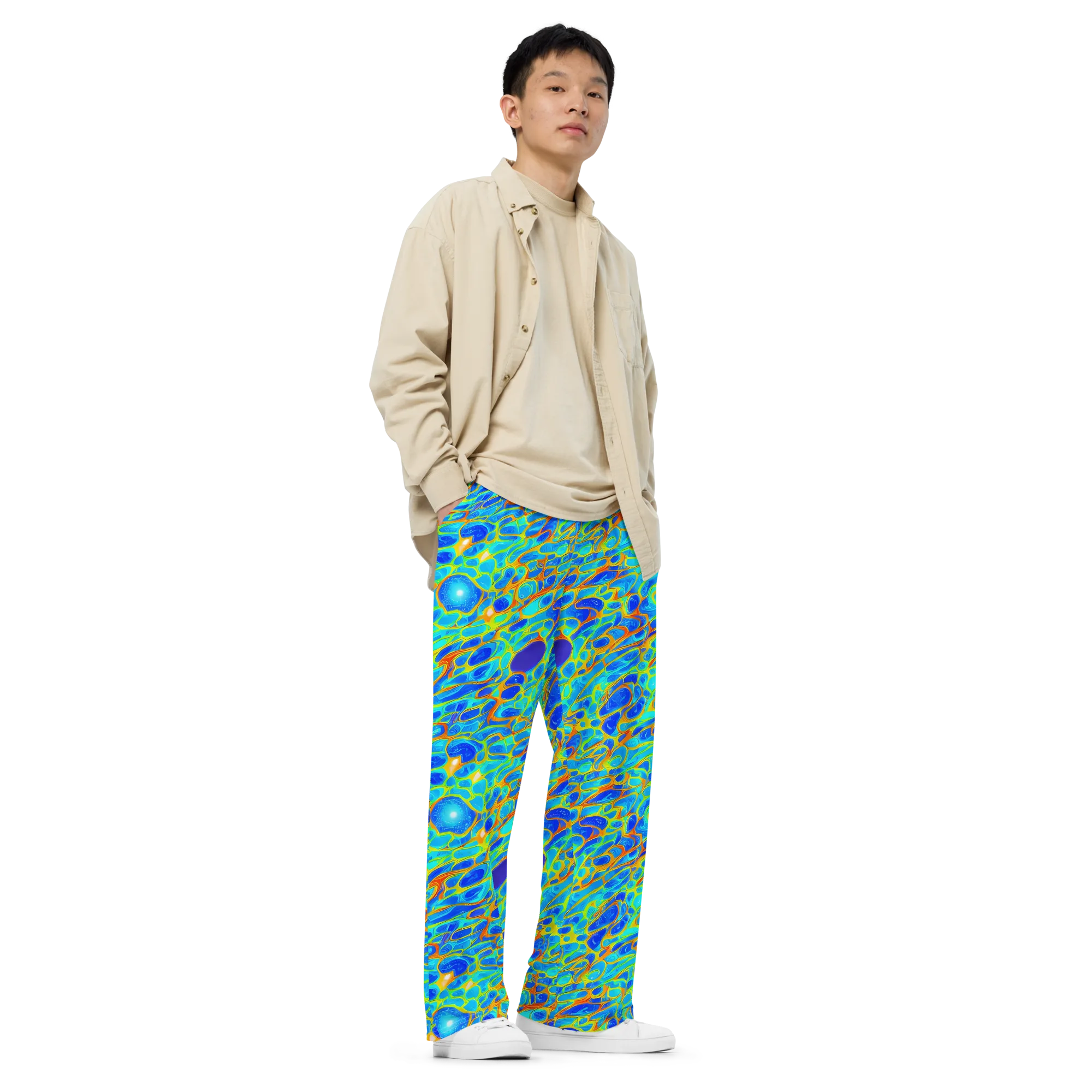 Blue Fireflow on Wide-Leg Pants — Right Front