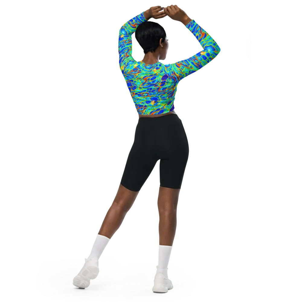 Blue Fireflow on Long Sleeve Crop Top — Back