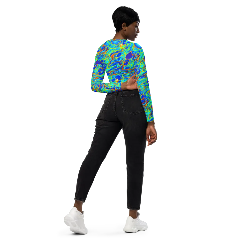 Blue Fireflow on Long Sleeve Crop Top — Right Back