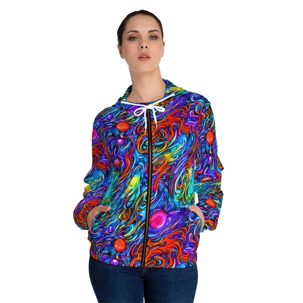 Saturated Swirl on Women's Full-Zip Hoodie — Front On Person