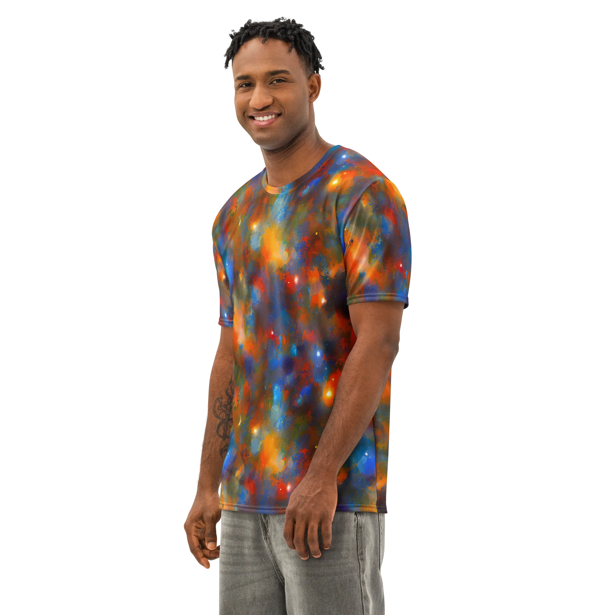 Blue Ember Bloom on Men's Cotton Crew Neck T-Shirt — Left Front