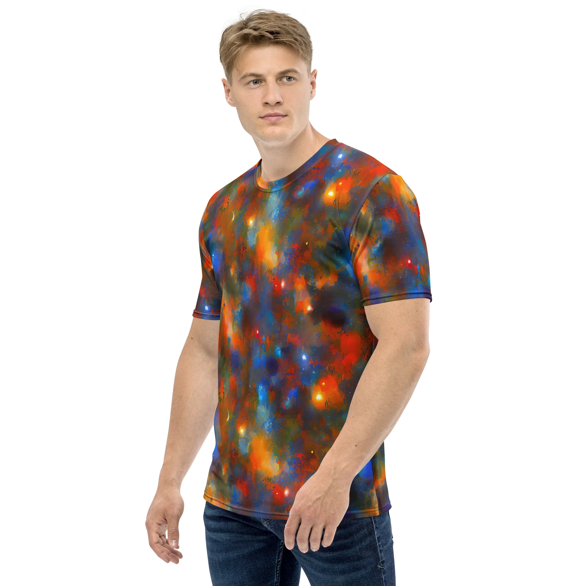Blue Ember Bloom on Men's Crew Neck T-Shirt — Left
