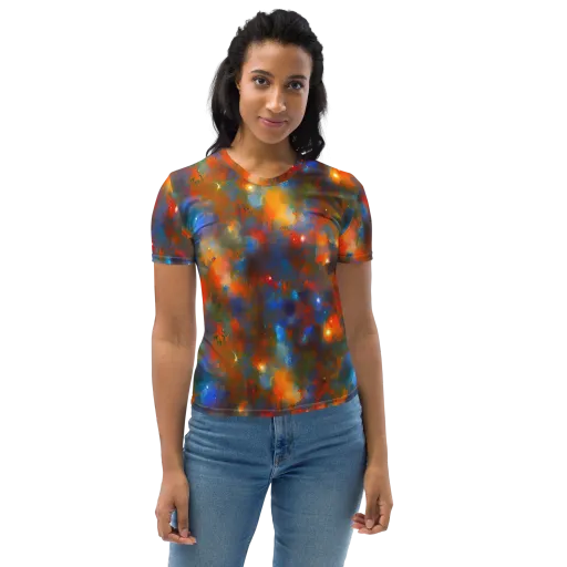 Blue Ember Bloom on a Women's Crew Neck T-Shirt