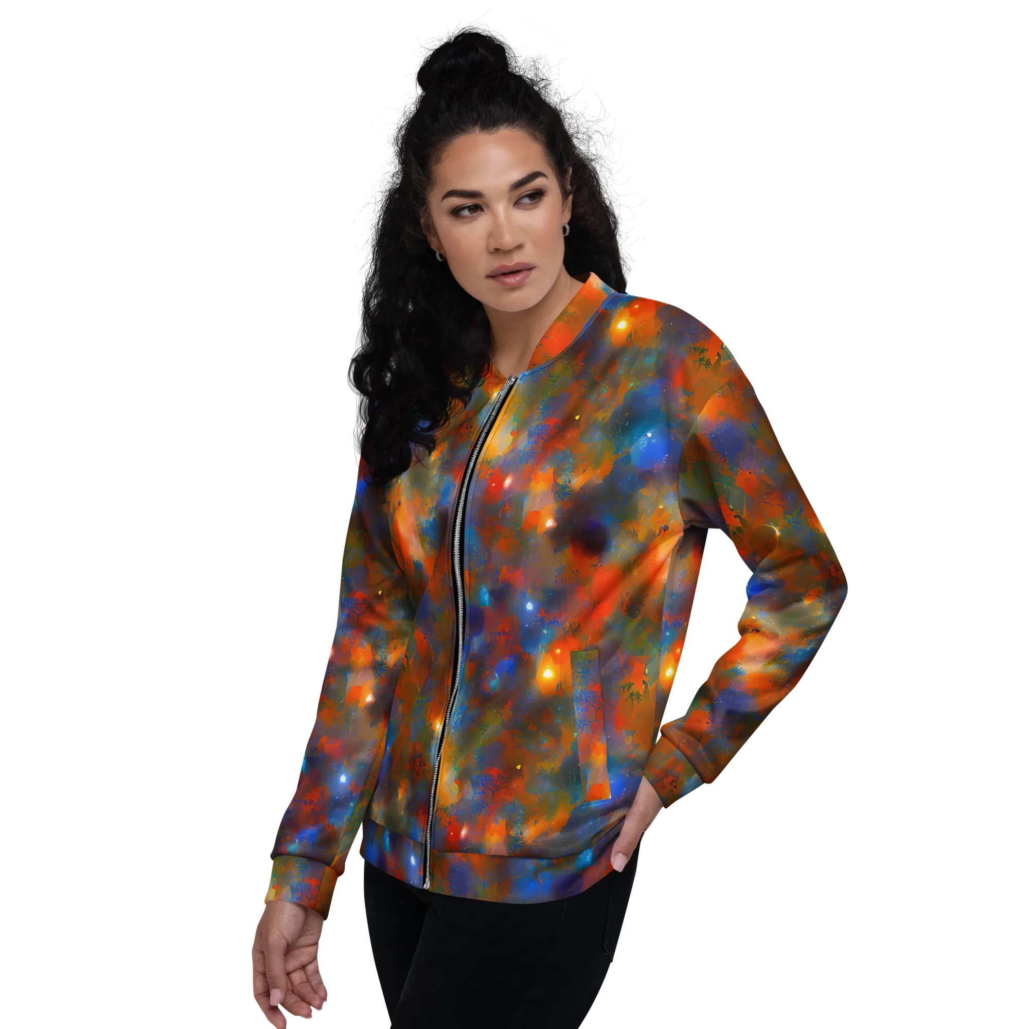 Blue Ember Bloom on Bomber Jacket — Left