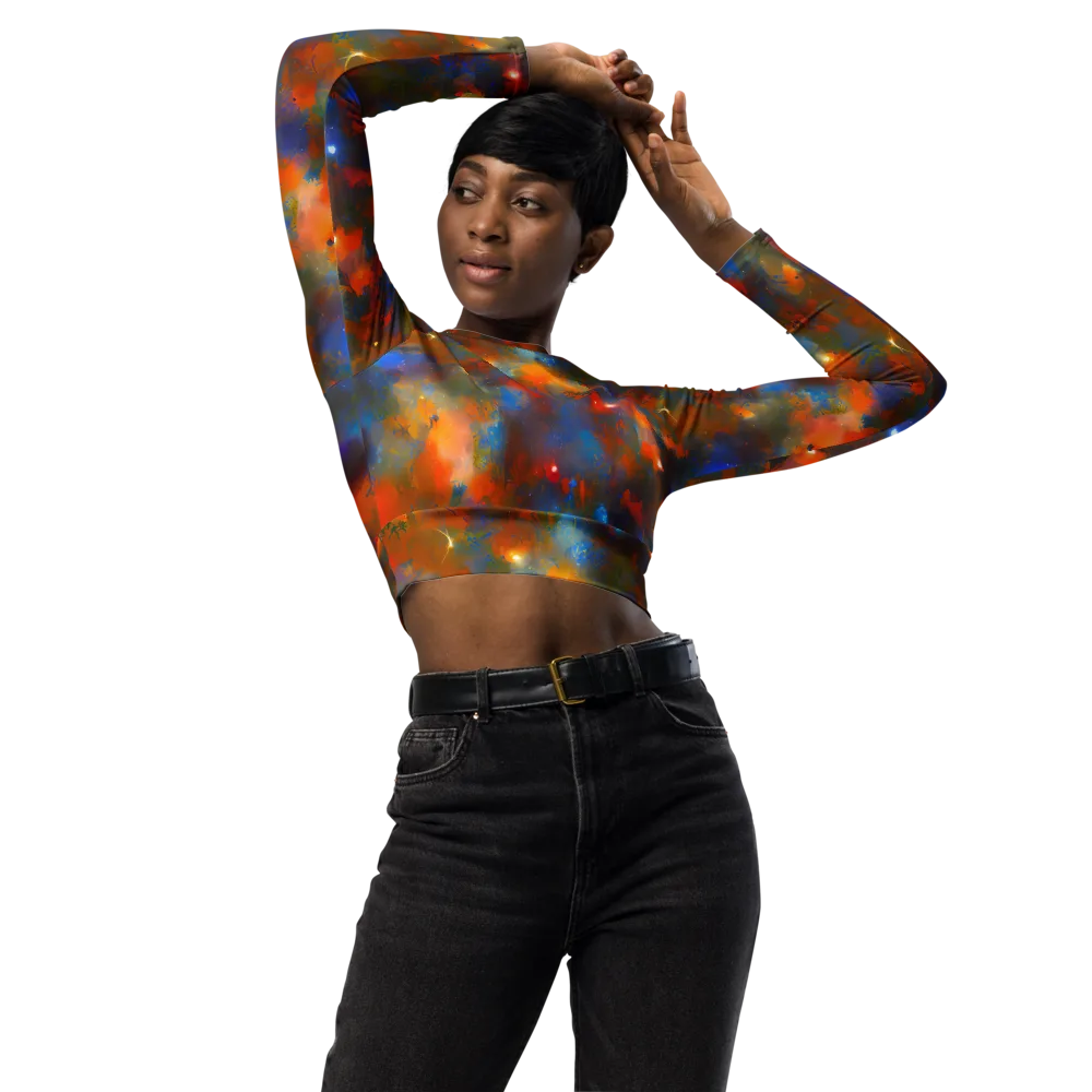 Blue Ember Bloom on Long Sleeve Crop Top — Front