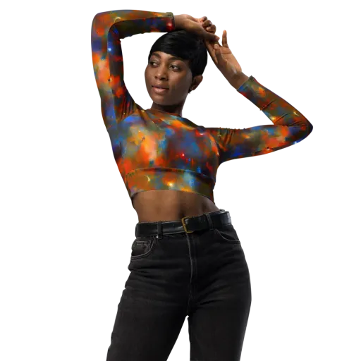 Blue Ember Bloom on a Long Sleeve Crop Top