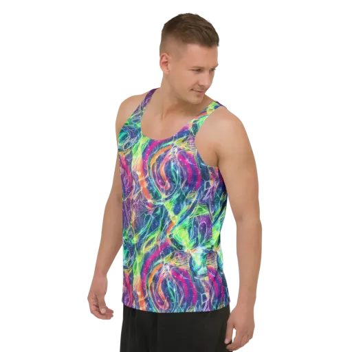 Electric Chromatic Drift on a Men's Tank Top