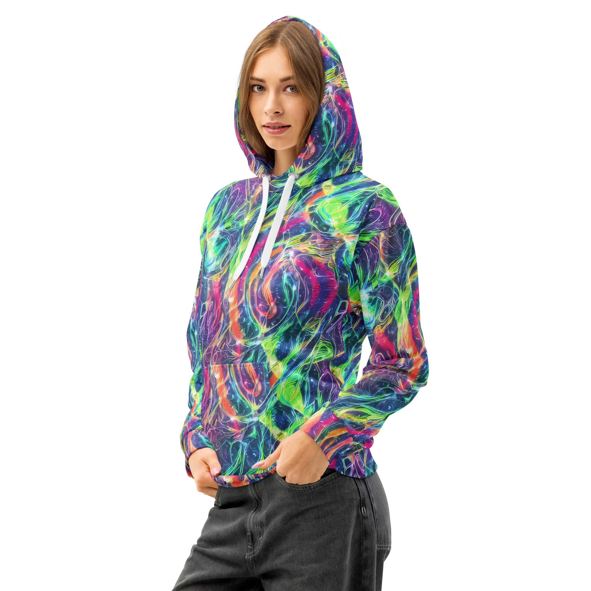 Electric Chromatic Drift on Cotton Hoodie — Left Front