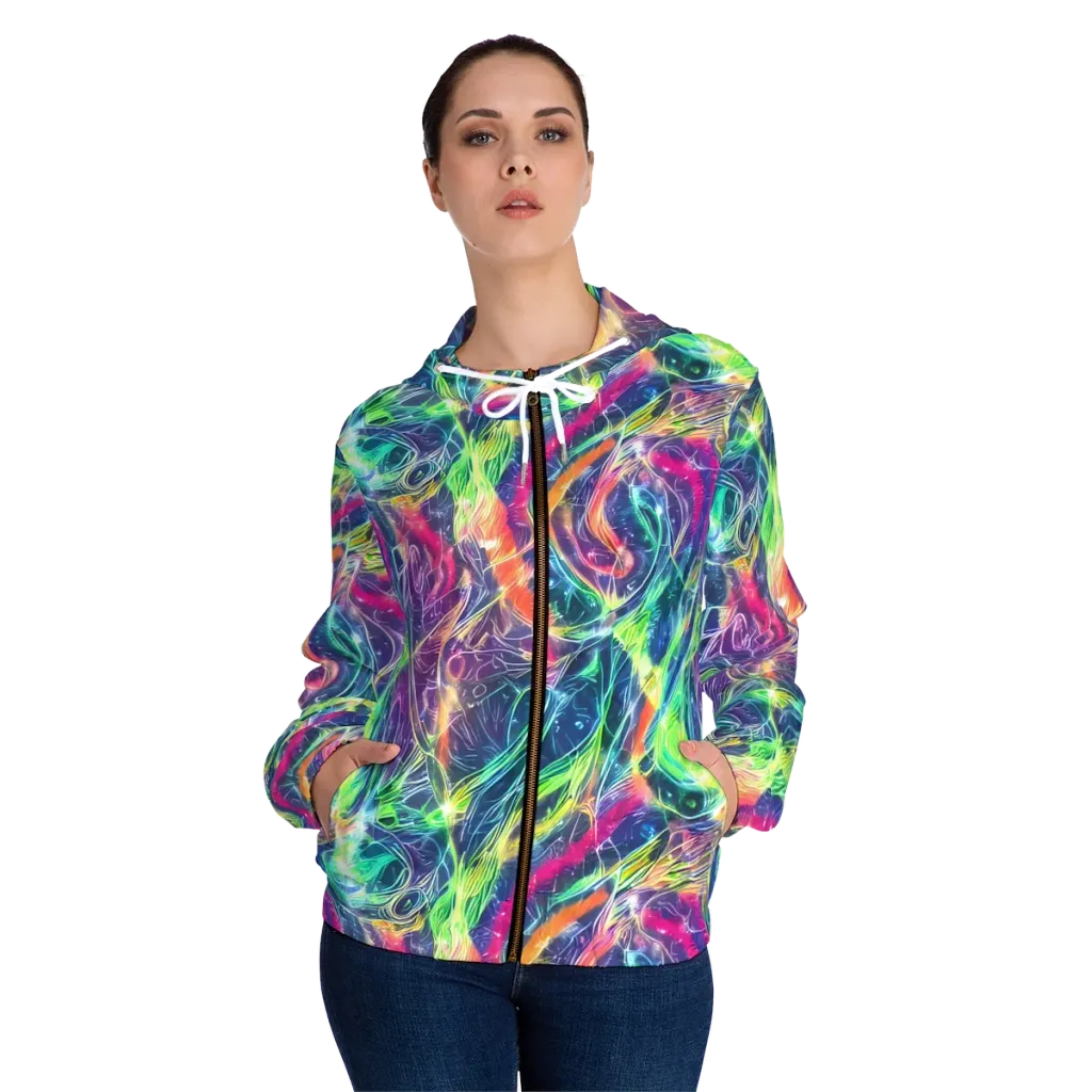 Electric Chromatic Drift on Women's Full-Zip Hoodie — Front On Person