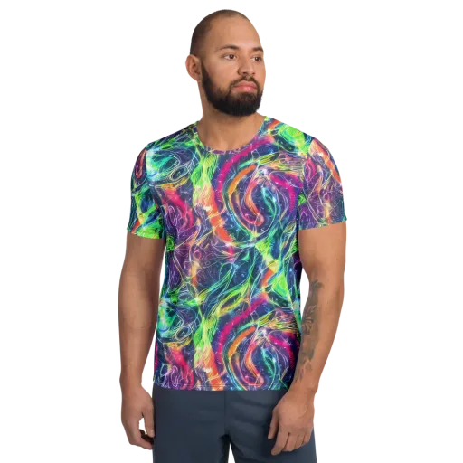 Electric Chromatic Drift on a Men's Athletic T-Shirt