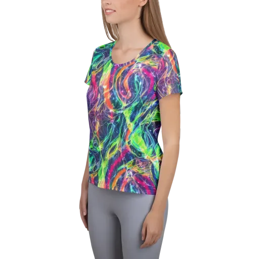 Electric Chromatic Drift on a Women's Athletic T-Shirt
