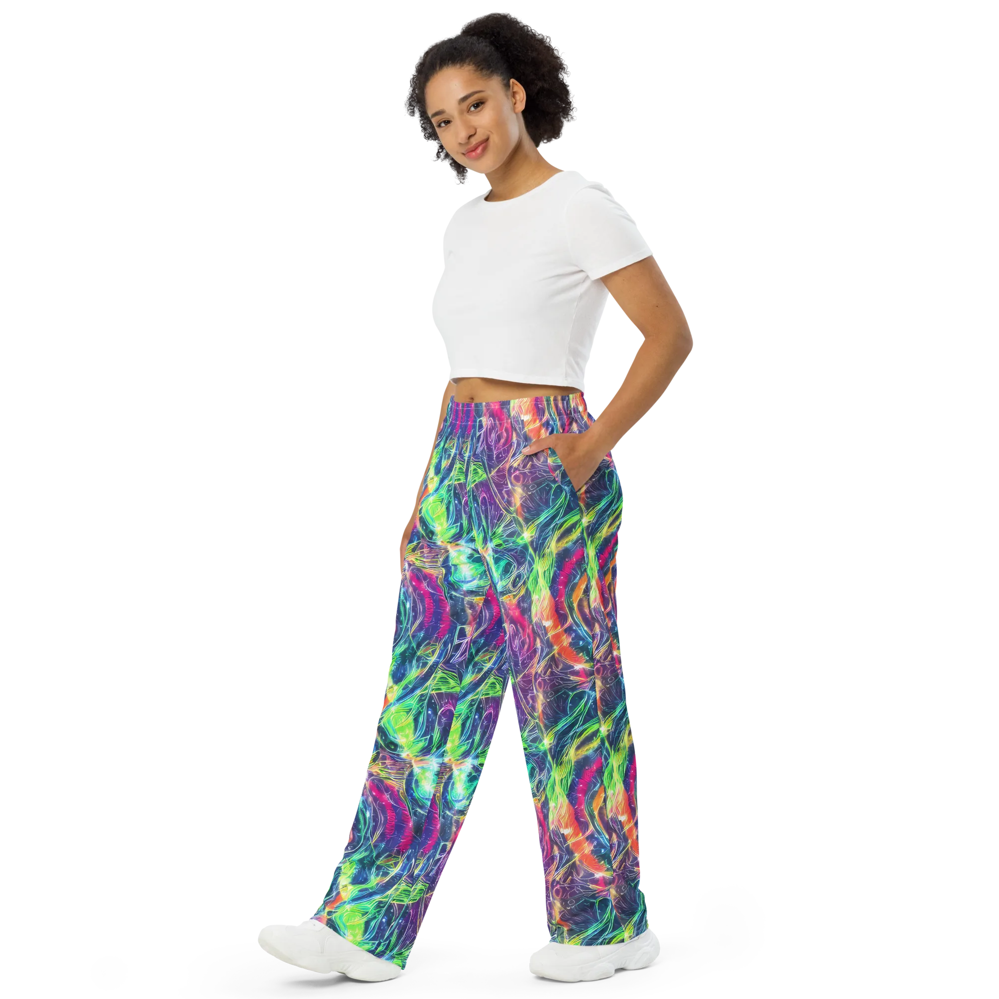 Electric Chromatic Drift on Wide-Leg Pants — Left Front