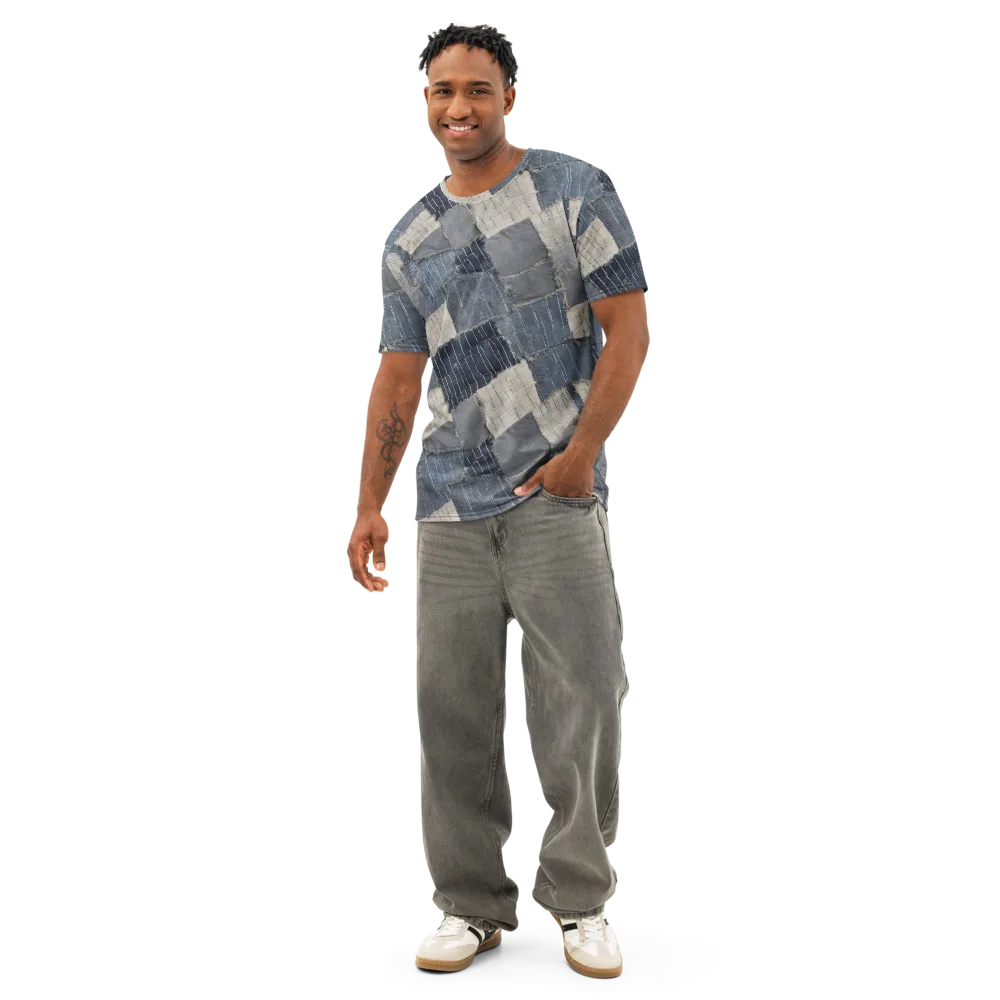 Indigo Mending on Men's Cotton Crew Neck T-Shirt — Front