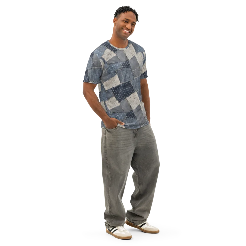 Indigo Mending on Men's Cotton Crew Neck T-Shirt — Right Front