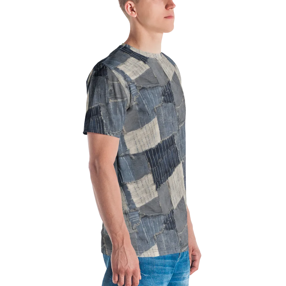 Indigo Mending on Men's Crew Neck T-Shirt — Right