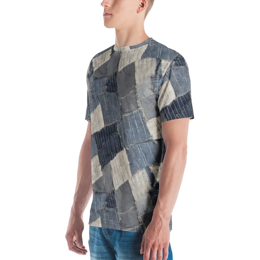 Indigo Mending on Men's Crew Neck T-Shirt — Left