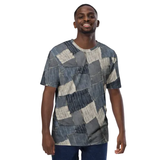 Indigo Mending on a Men's Crew Neck T-Shirt